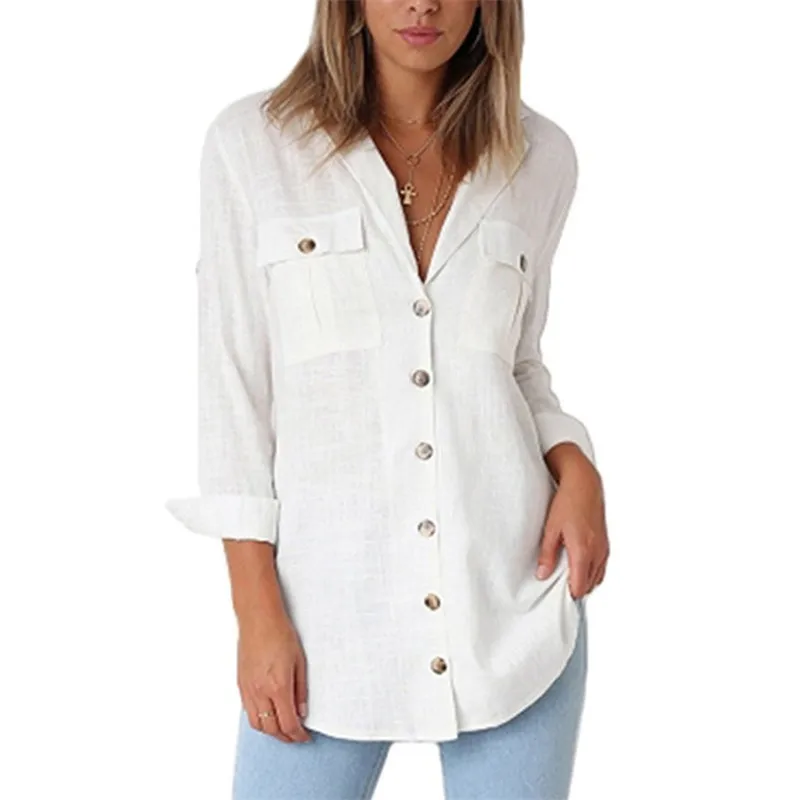 Женская блузка с длинным рукавом однотонная Свободная рубашка карманами на