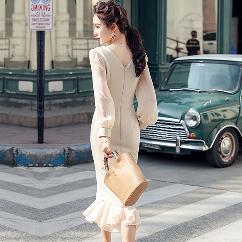 

Elegant Office Lady Dress 2021 Spring Chiffon Patchwork Long Sleeve Loose Hem Decorative Single Breasted High Waist Party Dress