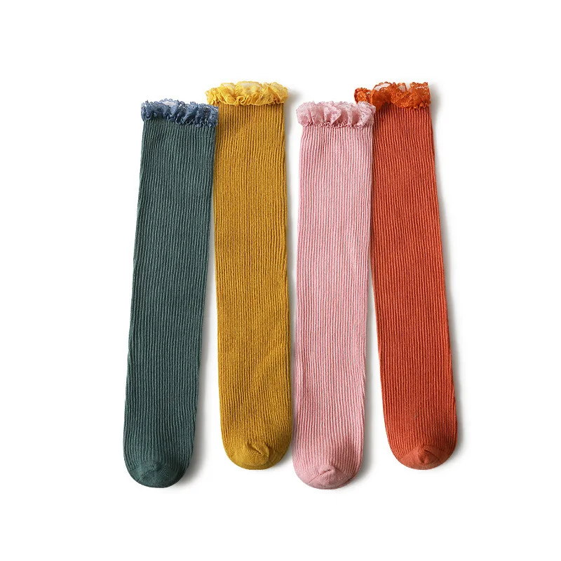 

Kids baby knee high socks for girls lace edge cotton solid color prinecess style frilly one size stuff socks