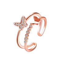 european and american fashion double butterfly ring female popular rose gold diamond opening adjustable ring