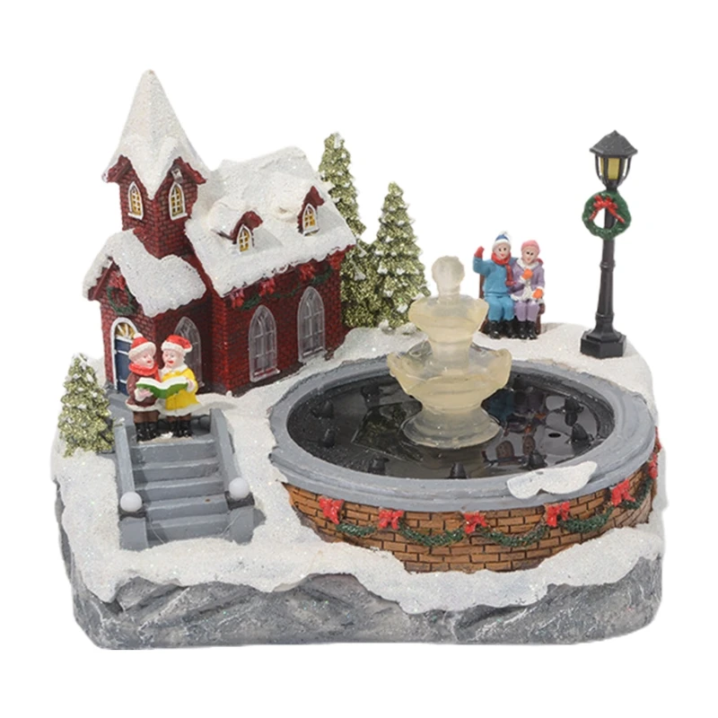 

Christmas Village Scene Ornament Colorful LED Lighted Resin Snow House Music Water Fountain Animated Statues Figurine