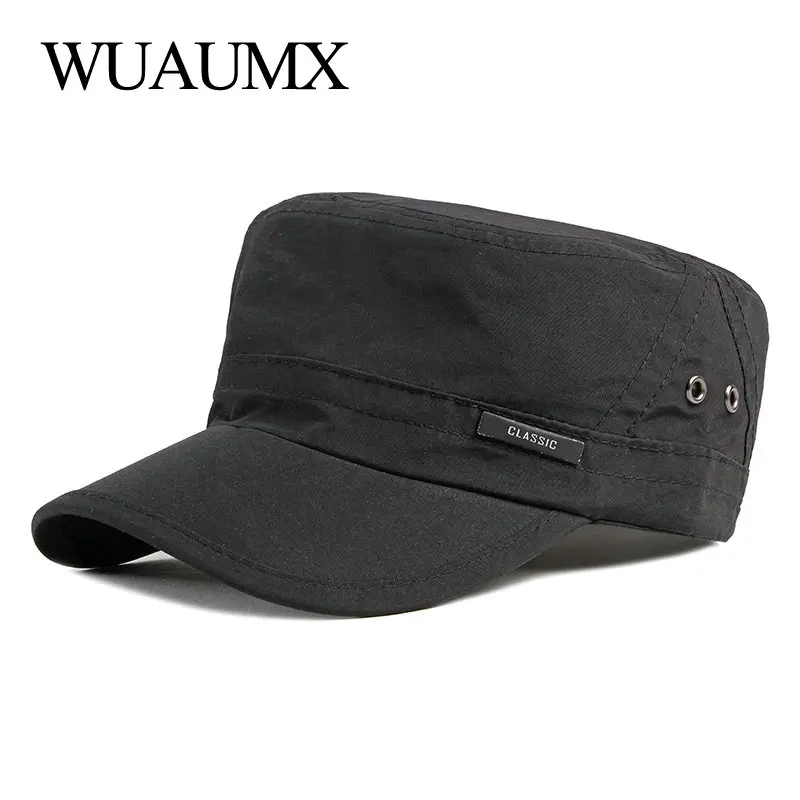 

Wuaumx Summer Military Hats Breathable Flat Top Sun Hat For Men And Women Solid Black Outdoor Quick Drying Army Cap Wholesale