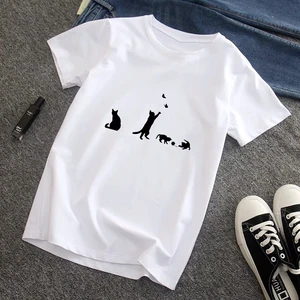 Women Summer O-neck 90s Style Graphic Cute Casual Fashion Aesthetic Cat Shadow Theme Print Female Clothes Tops Tees Tshirt