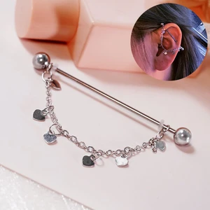 Stainless Steel 38mm Bar Industrial Piercing Barbell Heart Cartilage Earrings Helix Body Jewelery Chain Ear Decoration 1.6mm 14G