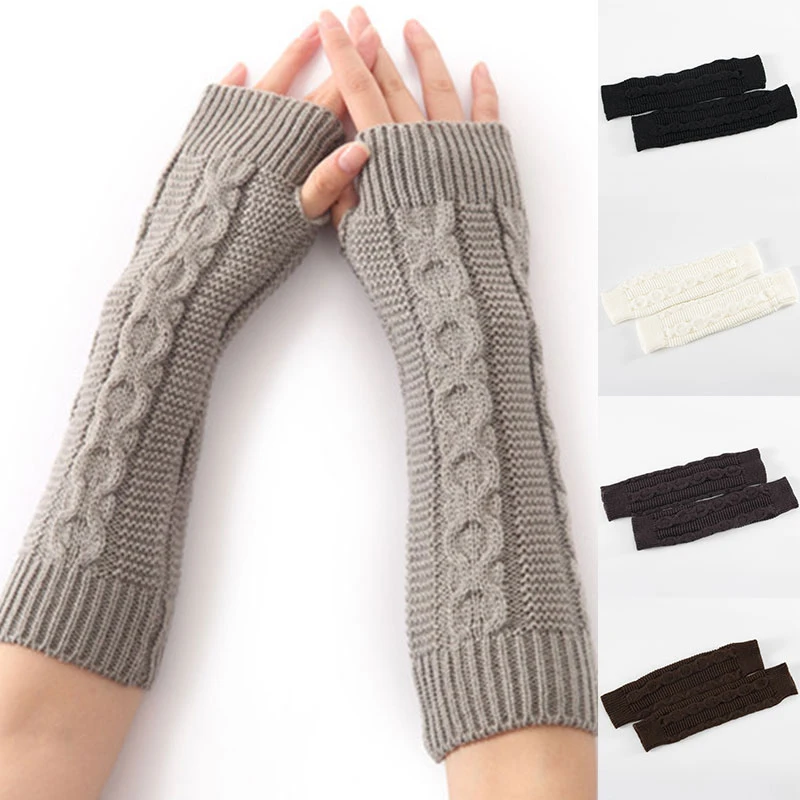 New 8-Character Hemp Pattern Womens Arm Cover Knitted Wrist Warm Fingerless Arm Cover Ladies Winter Long Mitten