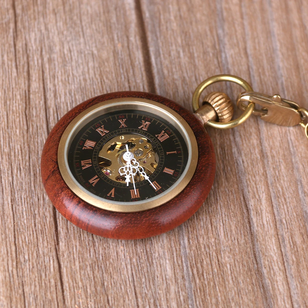 Vintage Classic Pocket Watches Steampunk Wooden Mechanical Hand Wind Pocket Watch Roman Numerals Luxury Unisex FOB Chain Clock