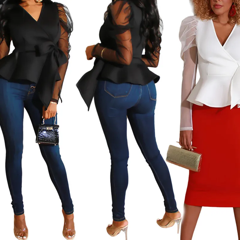 

Women Plus Size Mesh Splicing V-neck Long Sleeve Bow Design Top Blouse Elegant Spring Fall Office Lady Solid Shirt