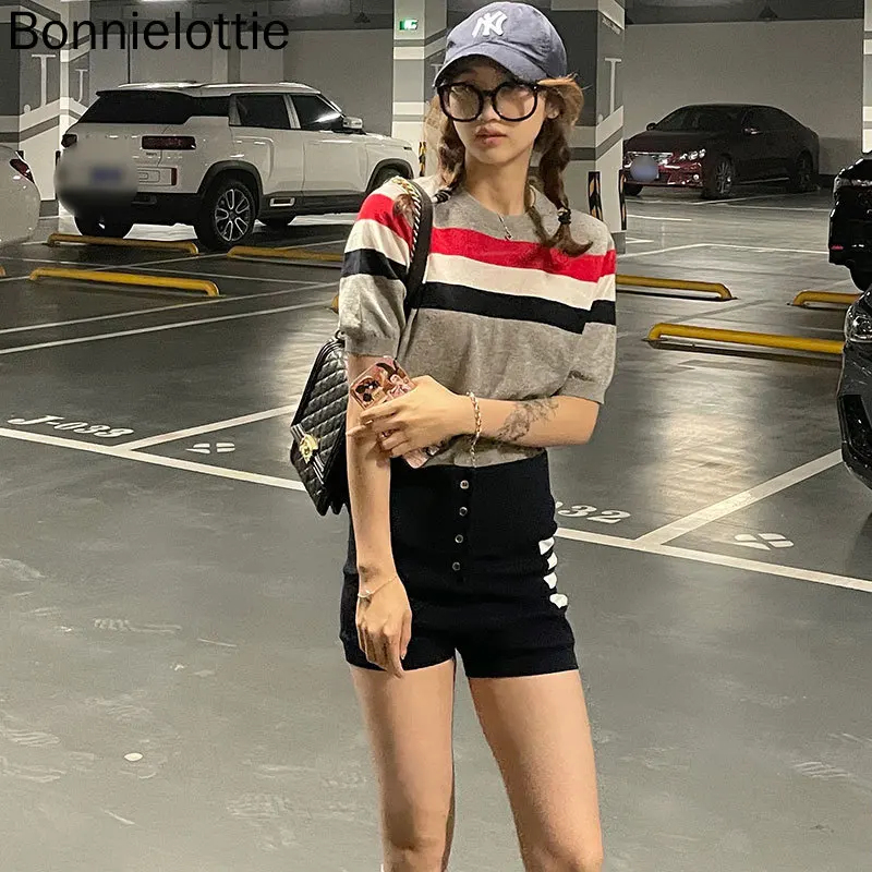 

TB Browin 2021 Summer Women Short Sleeve T-Shirt Pullover Casual Striped O-Neck Korean Design High Quality Top Sweater