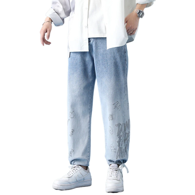 

Men's Spring Autumn Japanese Style Straight-leg Casual Jeans 2021 New Classic Harajuku Unisex Printed Trousers Brand Men's Pants