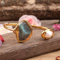 natural flash labradorite turuoise stones open wristband bangle fashion women gold cuff bracelet bohemia jewelry gift dropship
