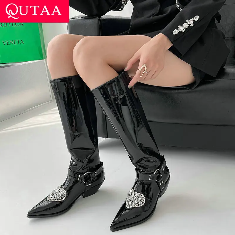 

QUTAA 2022 Knee High Boots Women Winter Women Shoes Patent Leather Crystal Long Boots Pointed Toe Square Heels Big Size 34-40