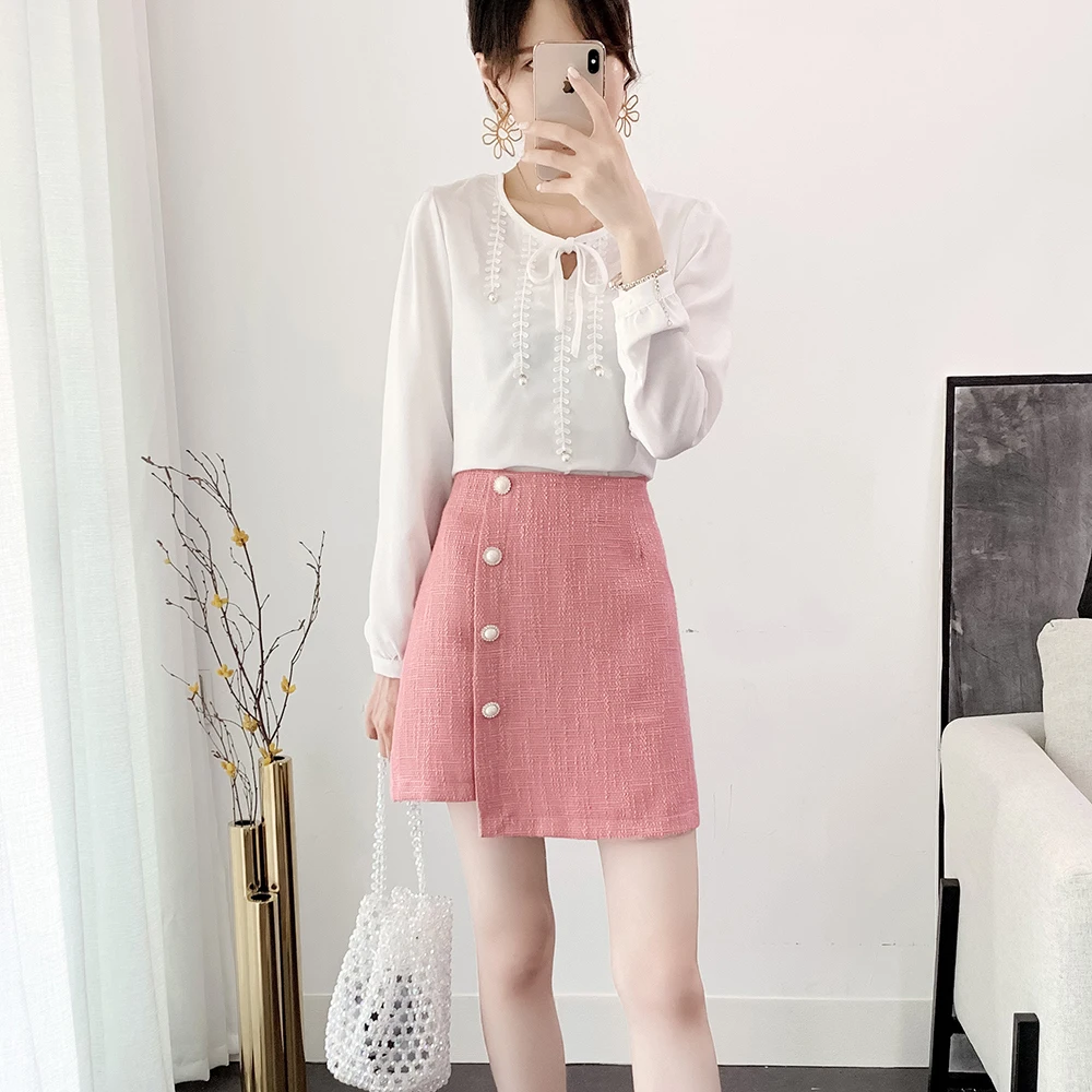 

New Short Skirt Fashion Women Leisure Suits Women Long-Sleeved Chiffon Top Blouse 2 Pcs Clothing Set Vestido Outfit