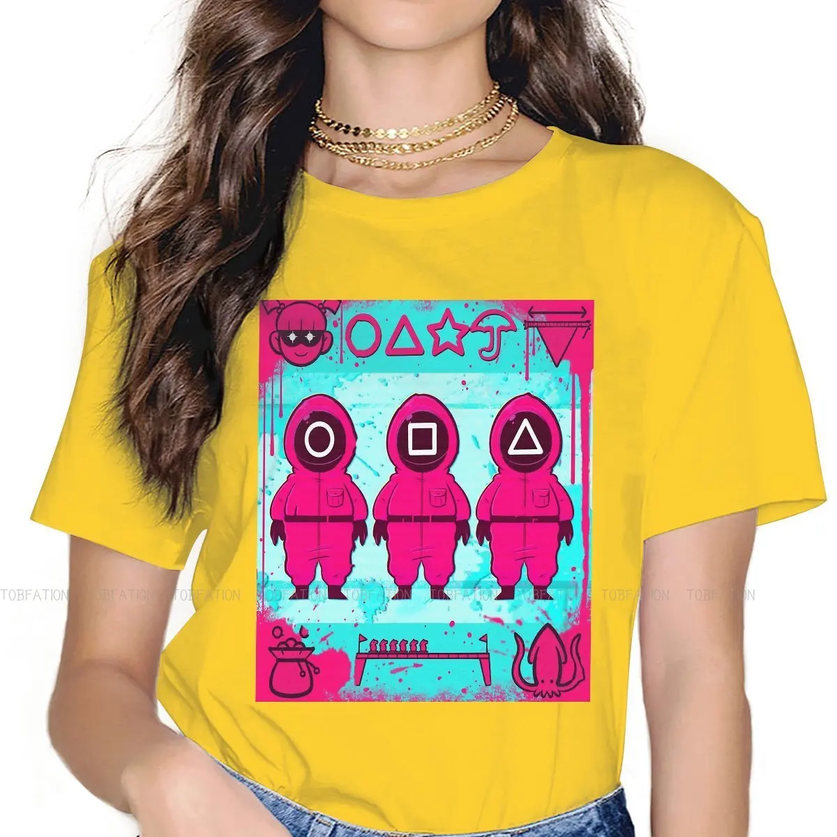 

Футболка женская с графическим принтом, Классическая тенниска из ткани с круглым вырезом и надписью «Игра кальмар», в Корейском стиле, боль...