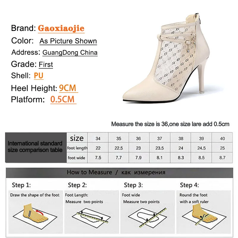 

gaoxiaojie Fashion Gauze Water Drill Buckle Women Boot 2021 Summer New Pointed End Stiletto Shoes 9CM Zip Hollow Out Ankle Boots