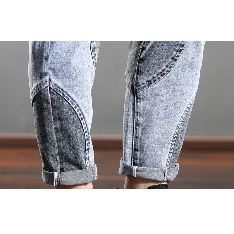 Autumn Men Fashion Embroidery Gray Jeans Slim Fit Pencil Pants Streetwear Drawstring Denim Trousers