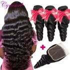 Пряди волнистых волос Cynosure с закрытием, пряди человеческих волос Remy с закрытием, бразильские волосы, 3 пряди с закрытием