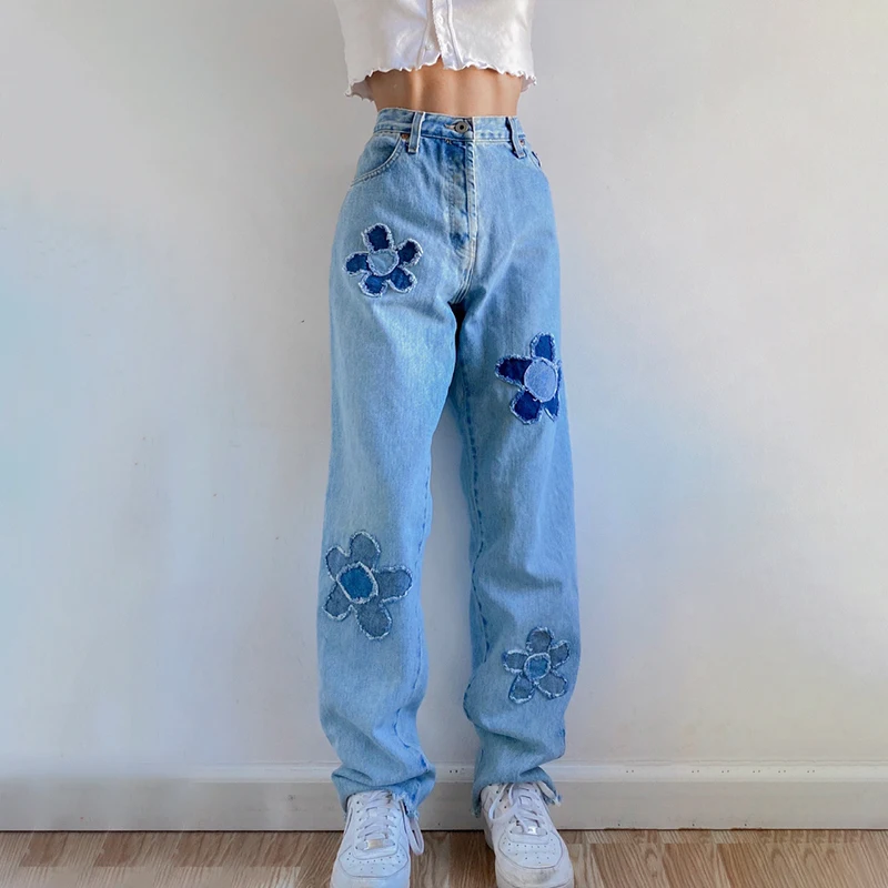 

2021 Blue Baggy Y2K Straight Jeans Woman Casual High Waist Sweatpants Floral Patches 90s Korean Denim Trousers Harajuku
