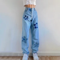 2021 blue baggy y2k straight jeans woman casual high waist sweatpants floral patches 90s korean denim trousers harajuku