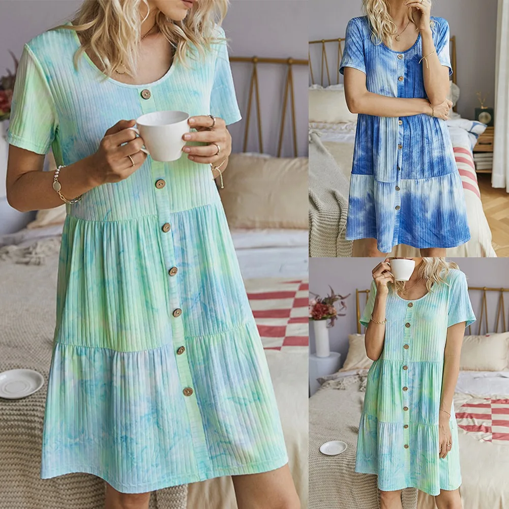 

Kili Summer Round Neck Casual Fashion Contrast Color Tie-Dye Button Dress