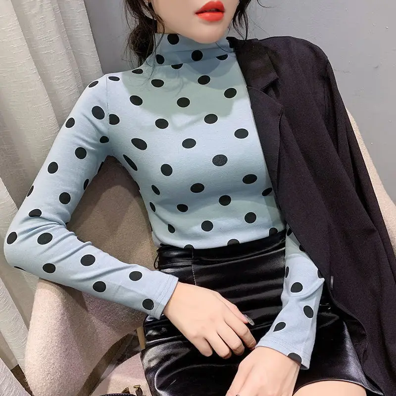 

Half-high collar wave dot long sleeve T-shirt women's 2020 fall/winter new Joker base shirt with slim fit jacket