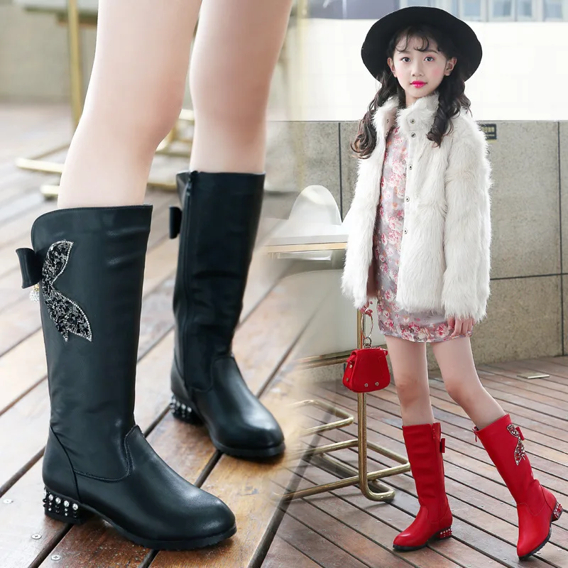 Сапоги до колена для девочек сапоги на низком каблуке с бантом принцесс детские