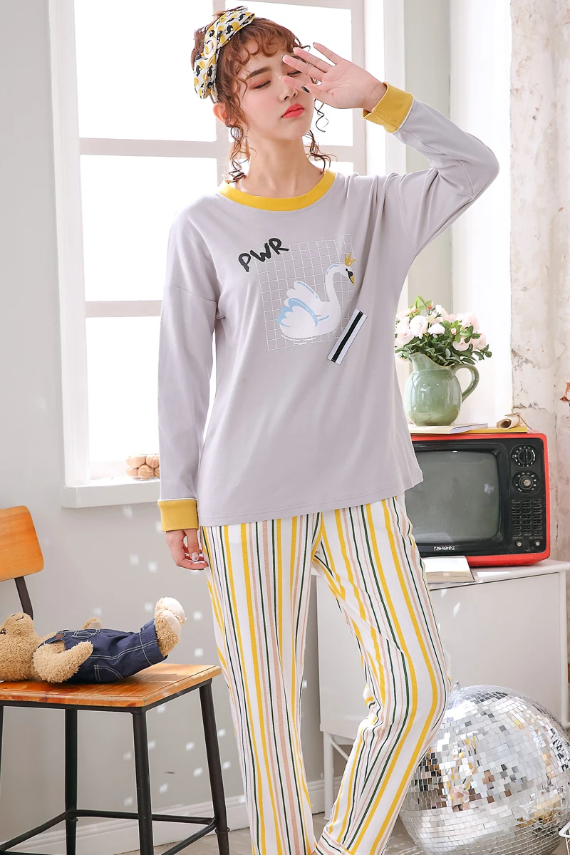 

Brand Autumn Striped Pyjamas Cotton Pj Pajamas Set Women Cartoon Sleepwear Pajama Sets Pijamas Mujer Girl Pyjamas Home Clothing