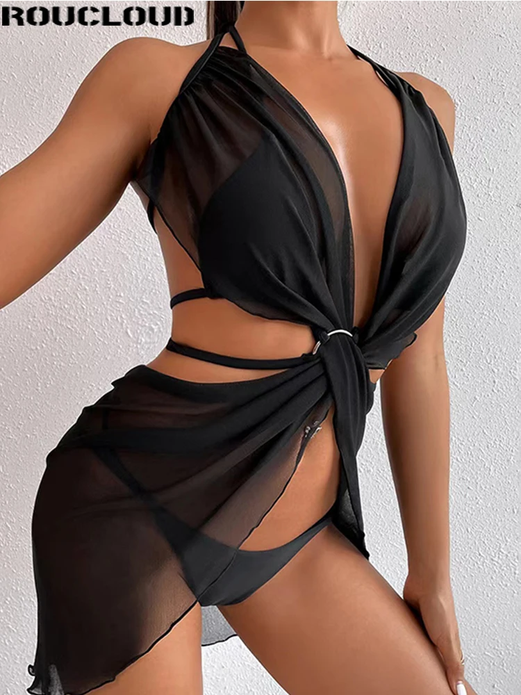 

Женский купальник, новинка 2022, однотонное бикини из трех частей в сеточку, с низкой талией, с сумкой и юбкой на бедрах, купальник, плотная наг...