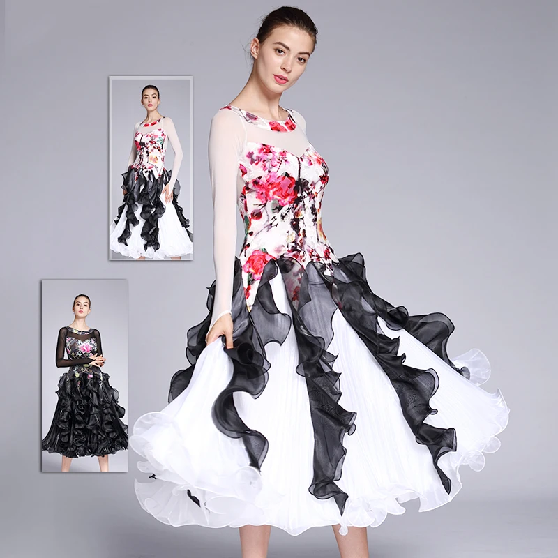 

Women Modern Dance Wear Ribbon Big Hemlines Dress Ballroom National Standard Waltz Jazz Square Dancing Performance Costume