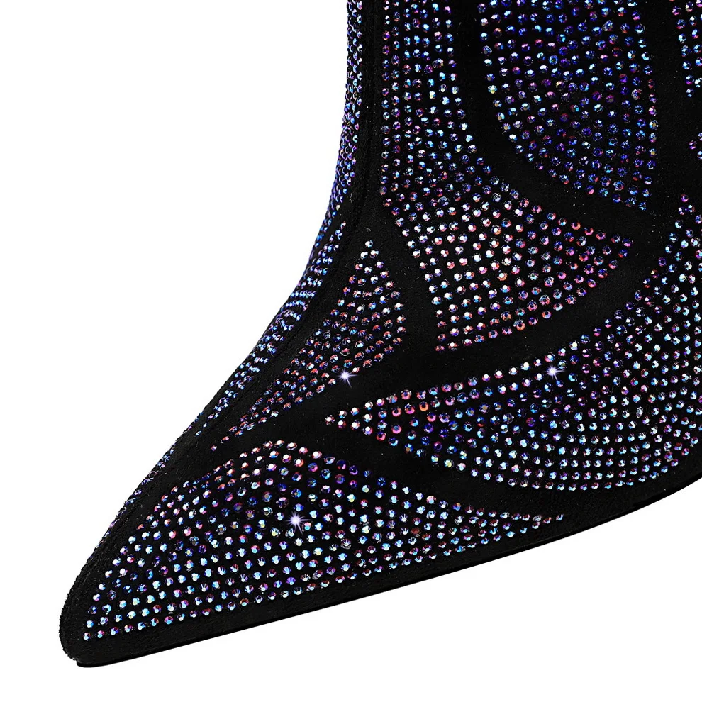 

winter Autumn Stiletto Thin High Heels boots Pointed Toe Suede Leather Zipper Style Sexy Rhinestone booties Ankle Womens Boots