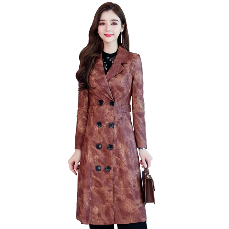 

Fashion leather trench coat women camouflage print washed PU leather outerwear long windbreaker double-breasted slim coat A3012