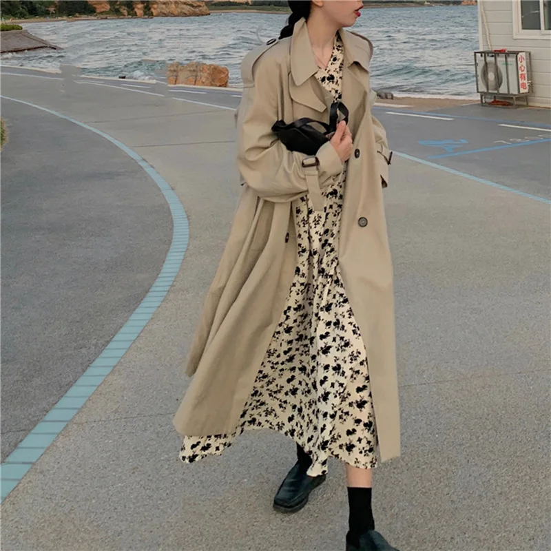 Тренчкот женский двубортный свободного покроя Длинный плащ-Тренч ветровка