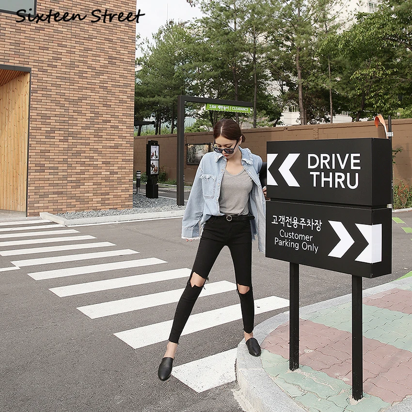 

Ripped Jeans for Women Korean Style Hole Jean Slim Femme High Waist Elasticity Black Cropped Denim Y2K Pants Aesthetic 2020 New