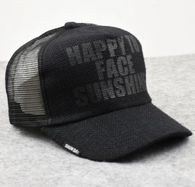 happy black Мужская Летняя классная льняная простая Солнцезащитная шляпа, женская уличная Повседневная Кепка с сеткой, Мужская бейсболка большого размера, s 58-65 см - Цвет: happy black