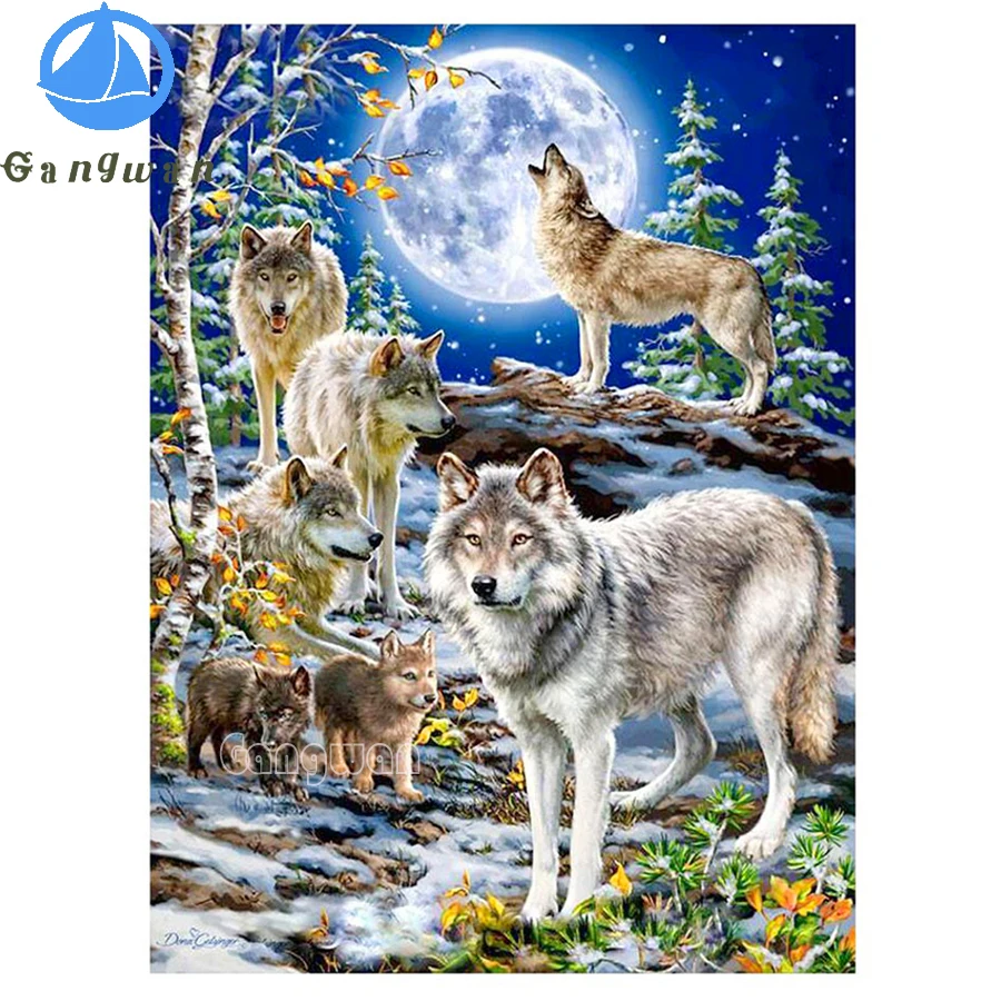

Алмазная живопись «Луна ночь и волк», квадратная, круглая вышивка «сделай сам», мозаика, вышивка крестиком с животными 5D, домашний декор, художественные подарки