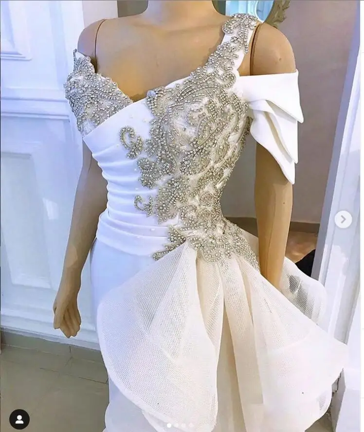 Real Image White Elegant Mermaid Prom Dresses Shiny Crystal Rhinestone Long Gowns Tulle Ruffles Flowing Ribbon | Свадьбы и торжества