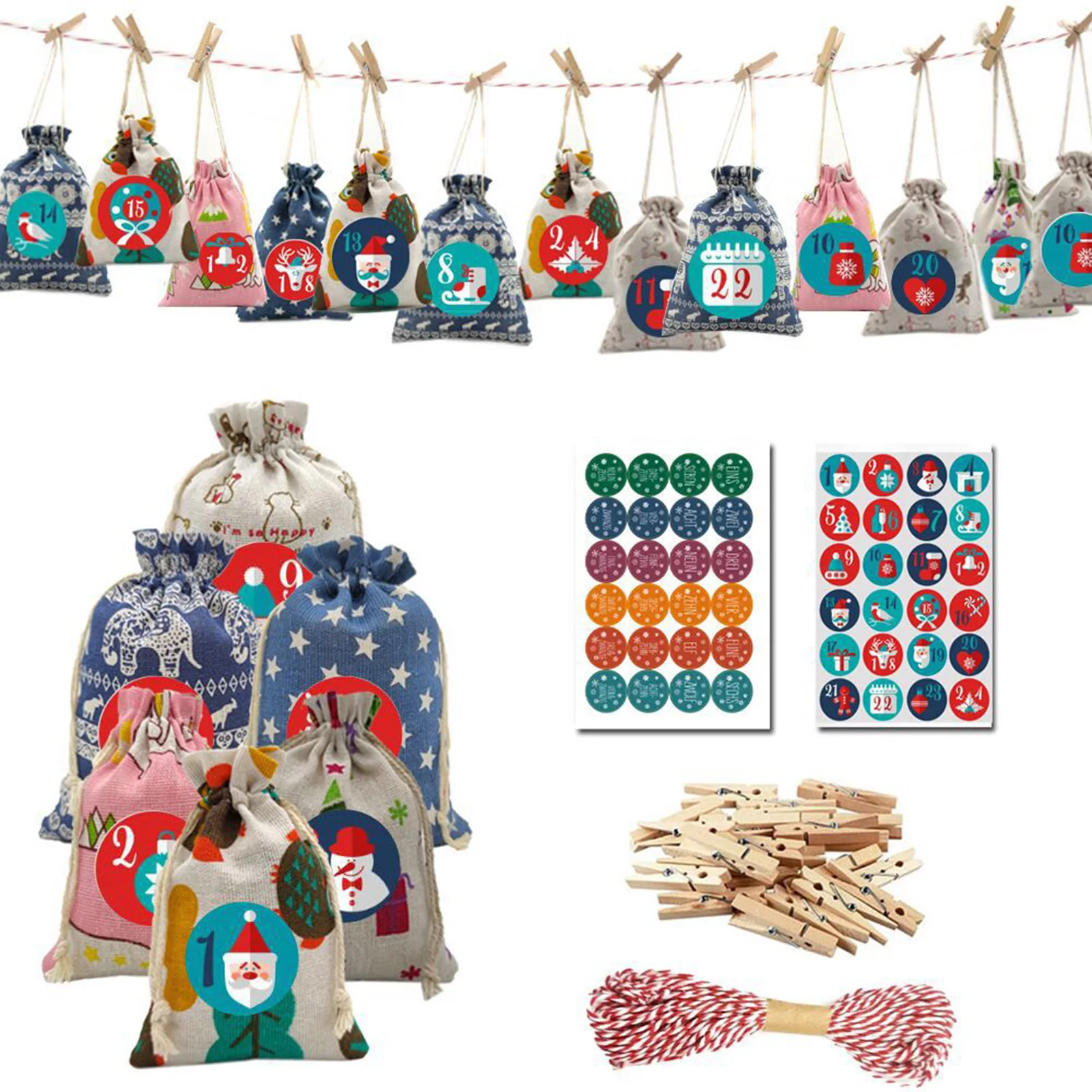

24pcs DIY Christmas Advent Calendar Bags Drawstring Candy Gift Bag Countdown Hanging Advent Calendar Bag Xmas Tree Forceful