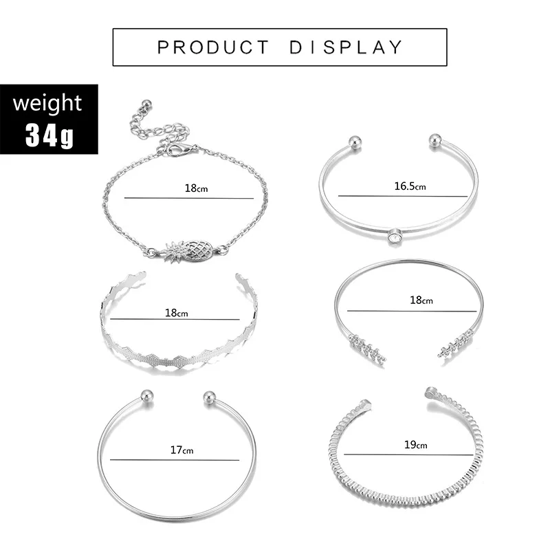 DIEZI 6pcs/set Pineapple Leaves Bracelets &amp Bangles Silver Color Bracelet Sets For Women 2019 New Bohemian Rhinestone Jewelry | Украшения