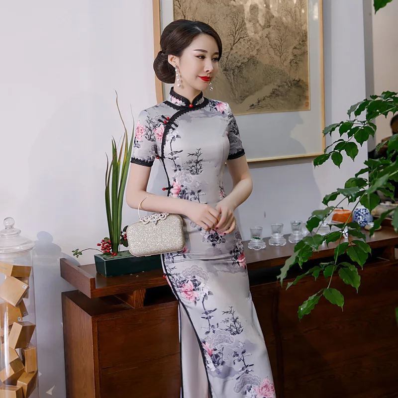 Cheongsam китайское платье винтажное с цветочным принтом женское традиционное