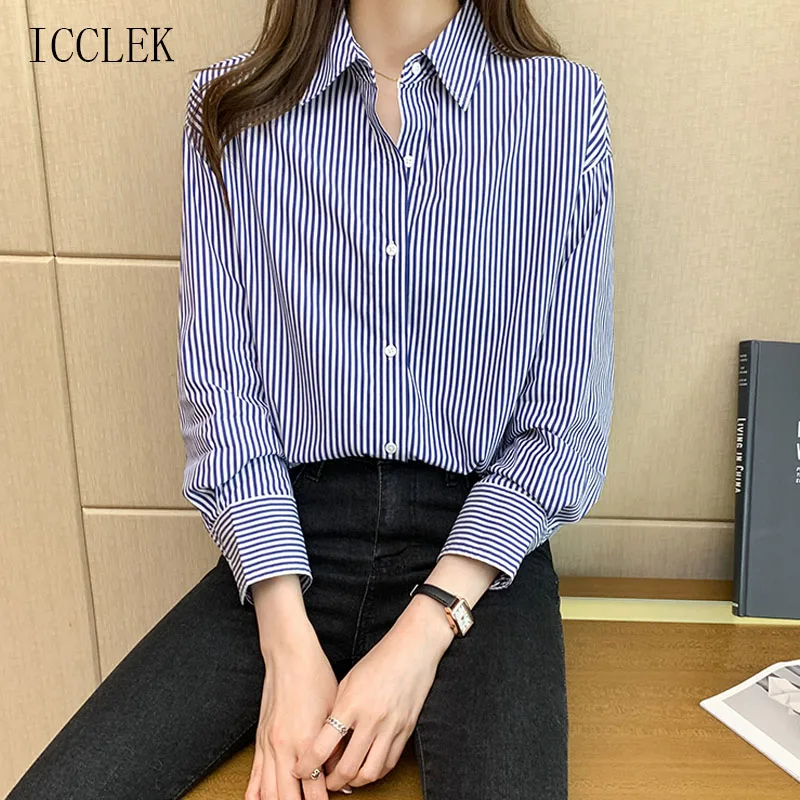 

Модная полосатая блузка в Корейском стиле для женщин, Новинка лета 2021, свободная внутренняя одежда, блузка, Офисная Женская Профессиональна...