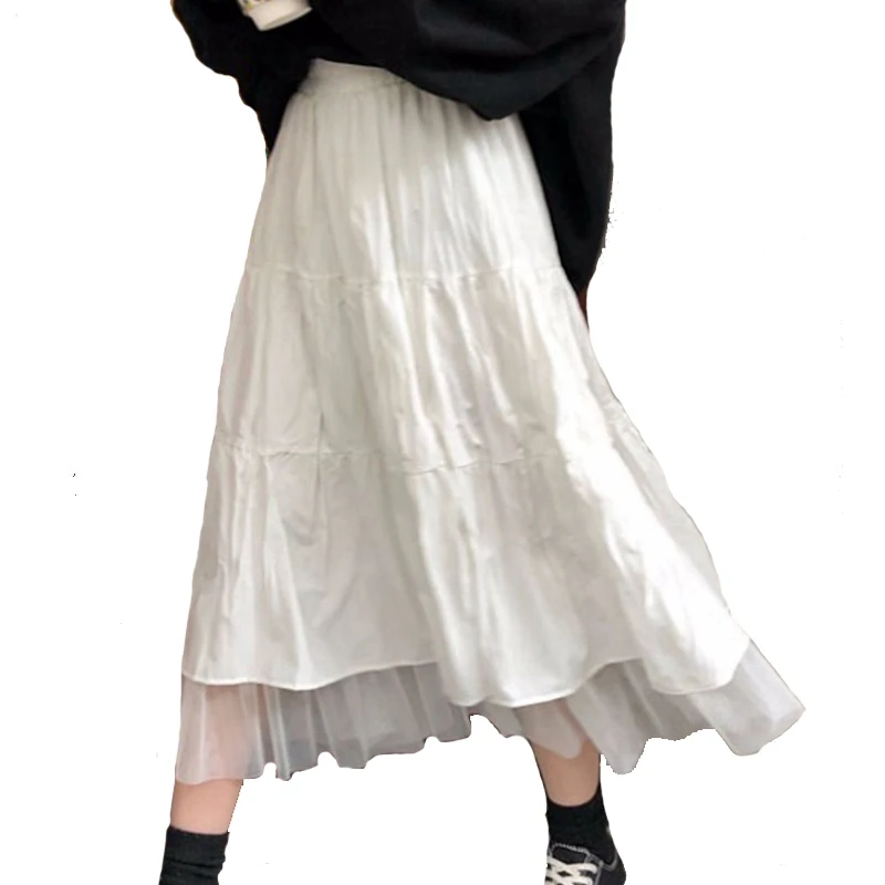 

Long Tulle Midi Skirts Womens 2021 Autumn Elastic High Waist Mesh Tutu Pleated Skirts Female Black White Long Skirt Streetwear