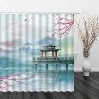 chinese style shower curtains landscape peony flowers bird scenery waterproof bathroom decor home bathtub polyester curtain set