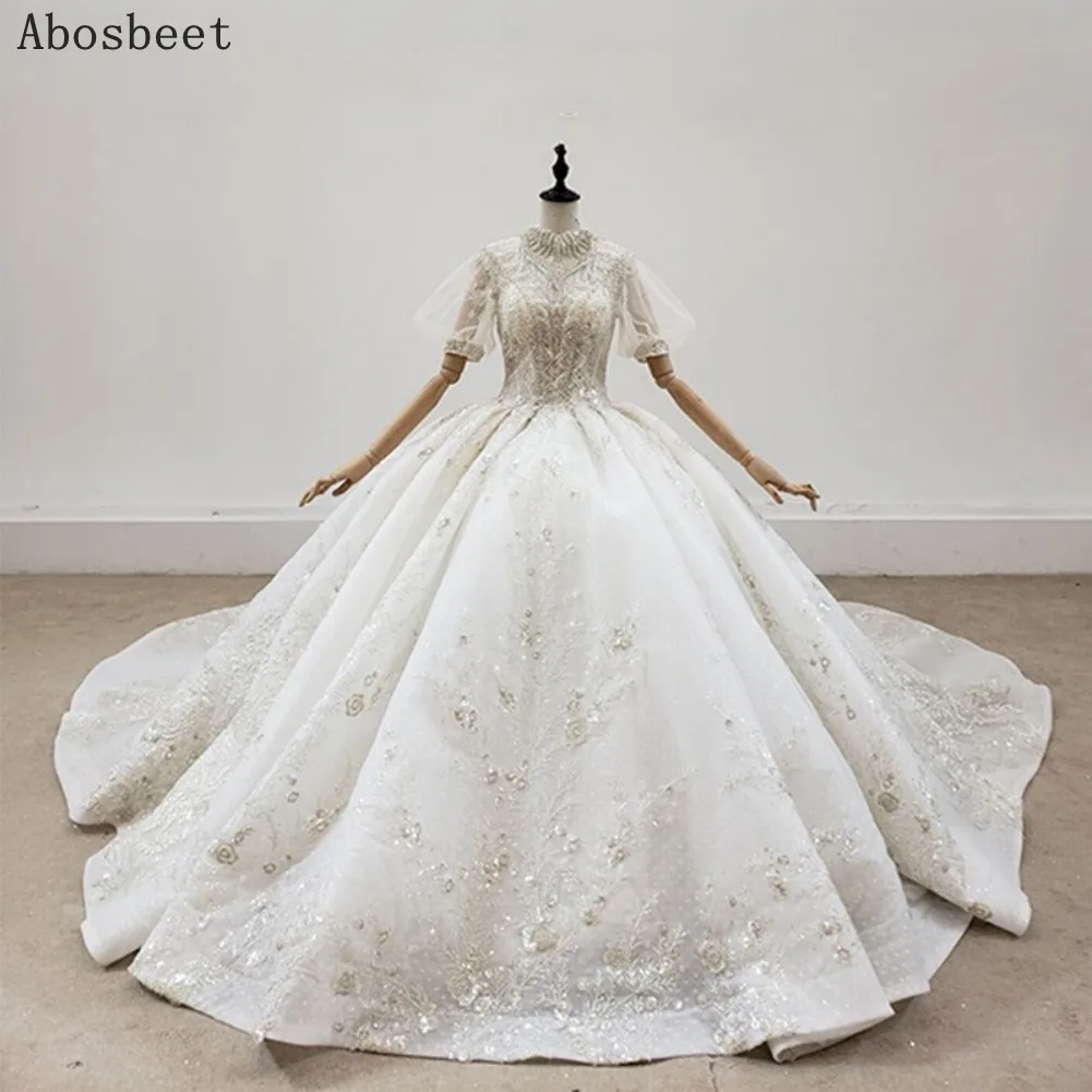 

High Collar Luxury Beads Puff Sleeve Plus Size Wedding Dress 2021 Puffy Gown Short Sleeve Robe Mariee Shining Bridal Gown