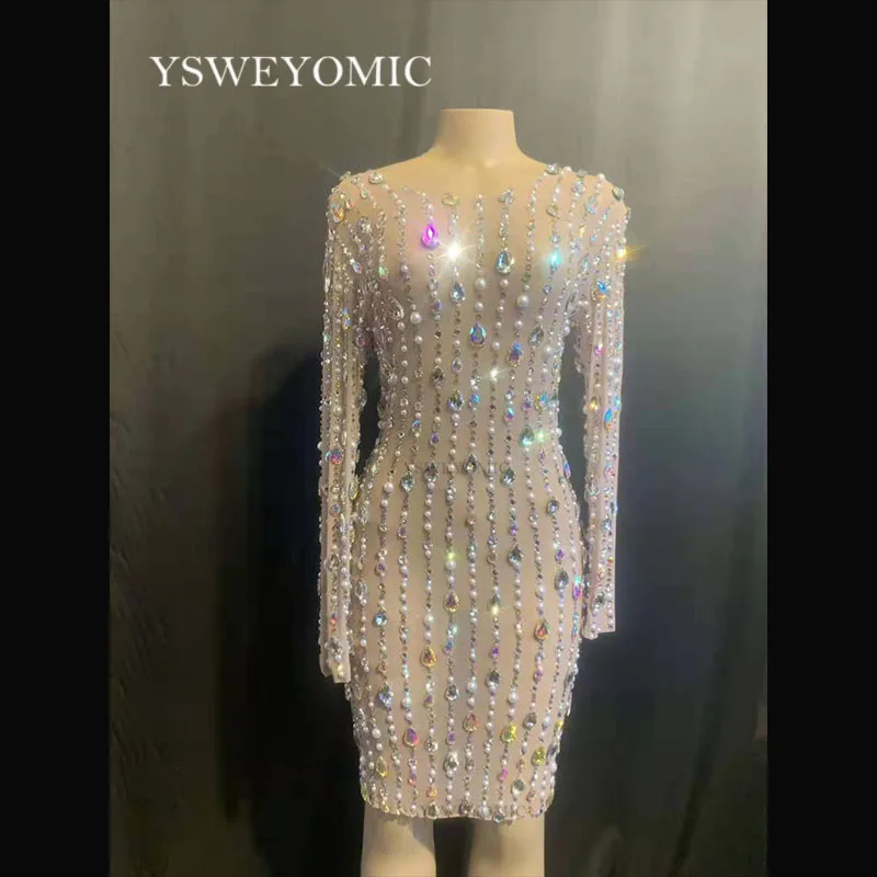 

Сетчатое платье с жемчугом, стразы, Прозрачное платье стрейч для дня рождения, выпускного вечера, выступления, 2019