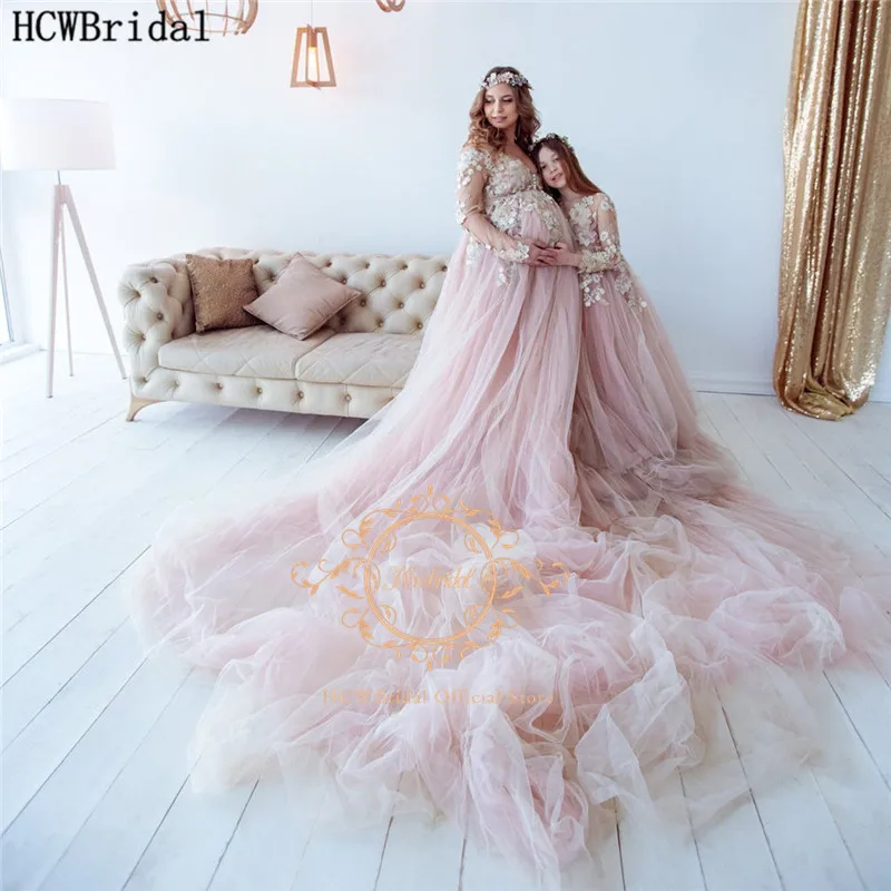 

Long Train Pregnant Women Evening Dress Off The Shoulder Long Sleeve Tulle Lace Mother And Daughter Dresses Plus Size Women Gown