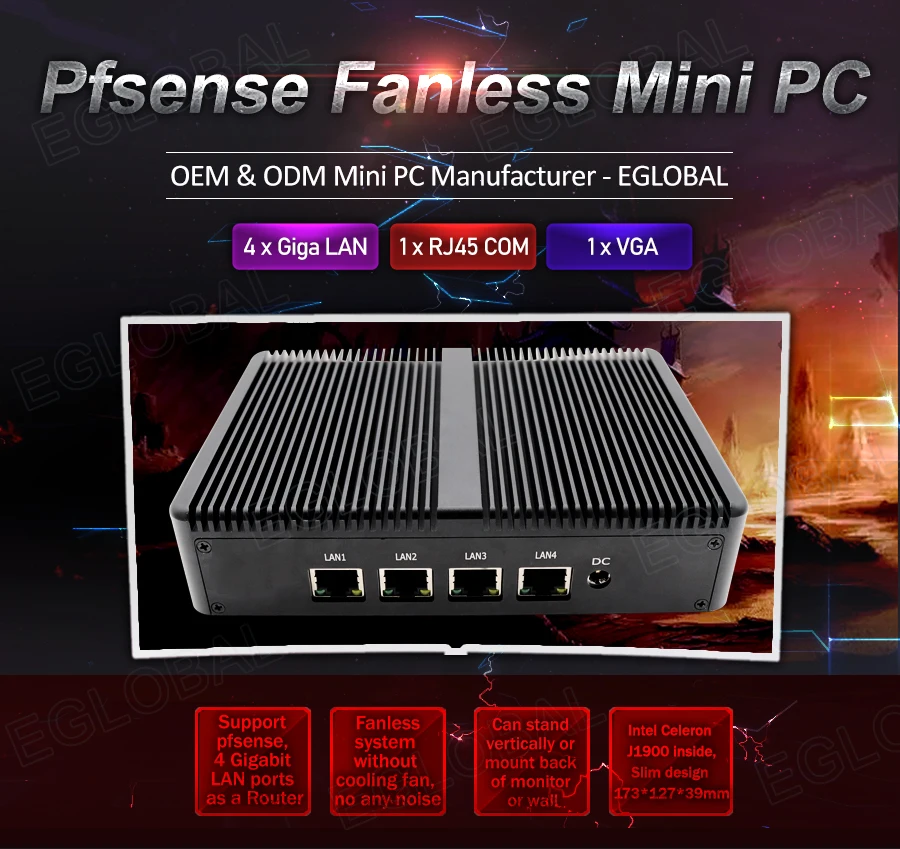 Eglobal Pfsense безвентиляторный мини-ПК Intel Celeron J1900 4 * WG82583 гигабитный RJ45 Lan брандмауэр