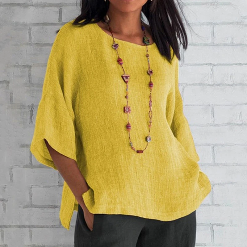 Хлопковая мягкая однотонная блузка летняя Свободная Женская рубашка с круглым