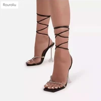 2021 lace up transparent high heel sandals women summer rhinestones sexy party shoes female new cross tied sandals
