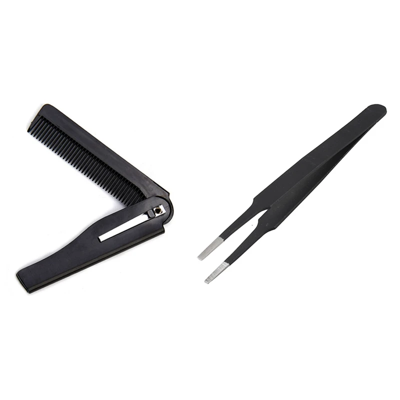 

1pcs Anti-Static Flat Square Tip Stainless Steel Straight Tweezers 4.7 inch Long & 1pcs Folded Knife Type Horn Comb