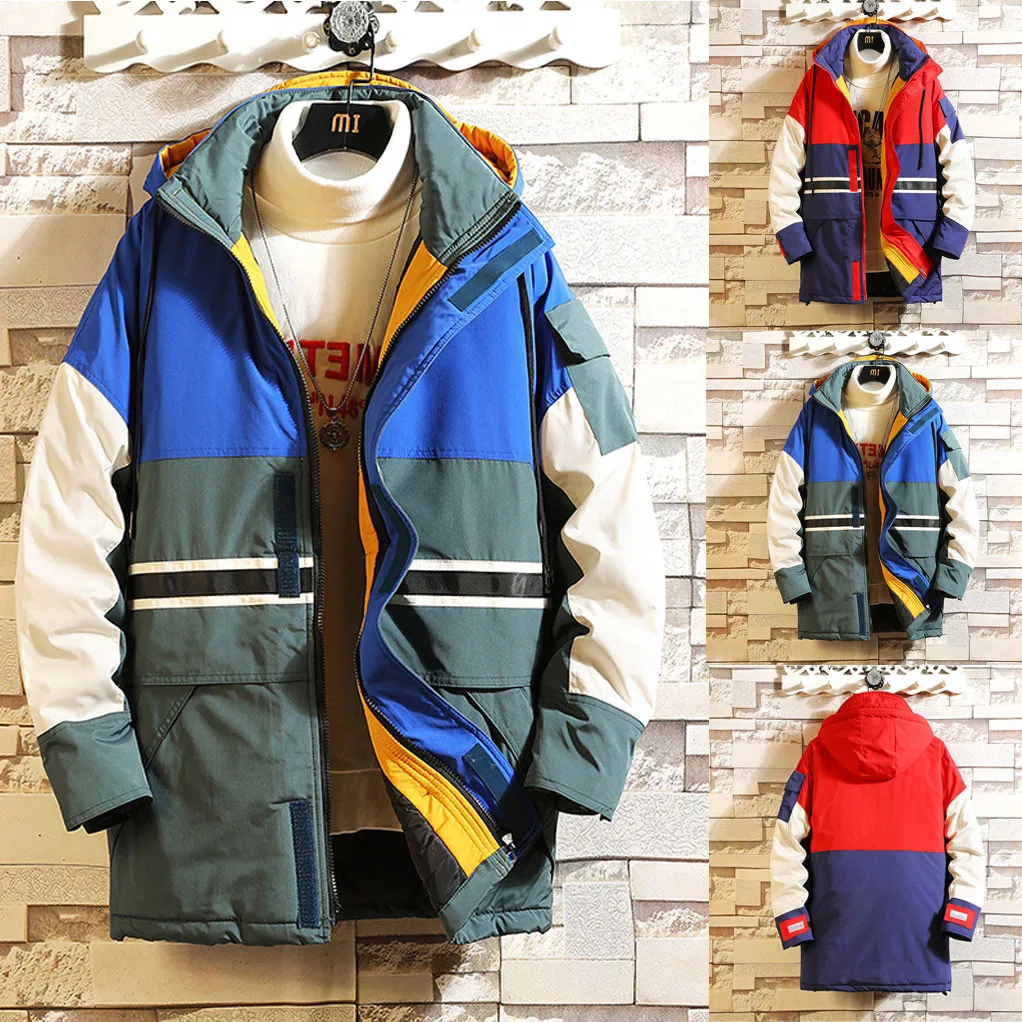

Vogue Winter Thick Padded Men Patchwork Jacket Winter Classic Hooded Zipper Coat Male Warm Outerwear Cotton Parka Varsity Coat