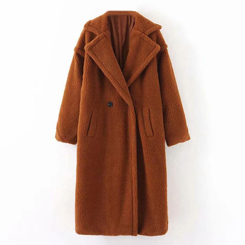 

2021 Aachoae Winter Casual Solid Teddy Coat Women Long Sleeve Fleece Long Jacket Turn Down Collar Lamb Fur Coat Outerwear